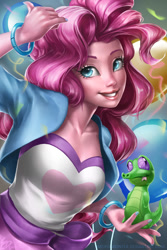 Size: 800x1200 | Tagged: safe, artist:imdrunkontea, gummy, pinkie pie, alligator, equestria girls, balloon, clothes, female, looking at you, nail polish, realistic, solo