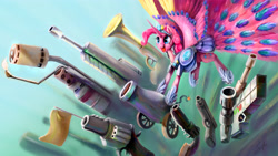 Size: 5760x3240 | Tagged: safe, artist:silfoe, pinkie pie, alicorn, pony, armor, awesome, element of laughter, elements of harmony, epic, fake gun, female, flamethrower, flugelhorn, glock, gun, mare, partillery, party cannon, peacock feathers, peacock tail, pinkiecorn, race swap, revolver, rifle, solo, team fortress 2, unlimited pinkie works, wallpaper, weapon, xk-class end-of-the-world scenario