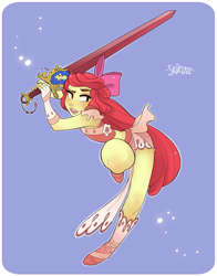 Size: 1959x2500 | Tagged: safe, artist:skirtzzz, apple bloom, human, crossover, dressphere, fantasy class, final fantasy, final fantasy x-2, humanized, midriff, pony coloring, solo, sword, warrior, weapon