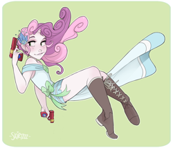 Size: 2500x2135 | Tagged: safe, artist:skirtzzz, sweetie belle, human, crossover, dressphere, final fantasy, final fantasy x-2, gun, gunner, horned humanization, humanized, pony coloring, solo, weapon