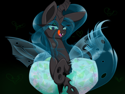 Size: 1200x900 | Tagged: safe, artist:banoodle, queen chrysalis, changeling, changeling queen, bedroom eyes, licking, licking lips, looking at you, solo, tongue out