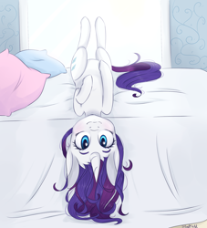 Size: 2000x2200 | Tagged: safe, artist:silbersternenlicht, rarity, pony, unicorn, bed, blushing, female, looking at you, mare, solo, upside down