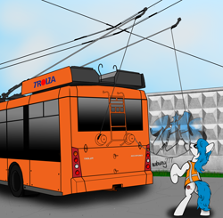 Size: 1806x1768 | Tagged: safe, artist:subway777, oc, oc only, earth pony, pony, clothes, graffiti, perm, russia, standing, trolley, trolleybus, vest