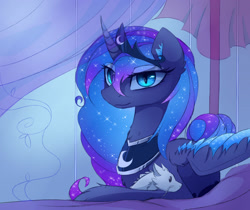 Size: 1600x1344 | Tagged: dead source, safe, artist:magnaluna, princess luna, oc, oc:zefiroth, alicorn, dragon, pony, canon x oc, eastern dragon, looking at you, plushie, prone, shipping, solo