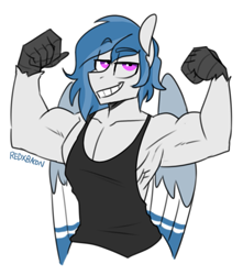 Size: 615x696 | Tagged: safe, artist:redxbacon, oc, oc only, oc:delta dart, anthro, hippogriff, armpits, clothes, flexing, muscles, muscular male, solo, talons, tanktop, wings