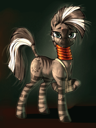 Size: 1000x1333 | Tagged: safe, artist:madhotaru, zecora, zebra, female, gradient background, injured, looking at you, missing accessory, scar, simple background, smiling, solo