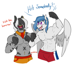 Size: 903x792 | Tagged: safe, artist:redxbacon, oc, oc only, oc:delta dart, oc:zanja, anthro, hippogriff, zebra, armpits, clothes, dialogue, excited, hair over eyes, muscles, muscular male, nose piercing, nose ring, partial nudity, piercing, simple background, talons, topless