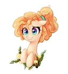 Size: 756x819 | Tagged: safe, artist:jumblehorse, pear butter, earth pony, pony, cute, dandelion, eyelashes, female, floppy ears, flower, freckles, green eyes, mare, orange hair, pearabetes, ponytail, simple background, smile, smiling, solo, white background