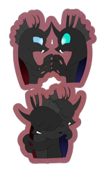 Size: 1200x2000 | Tagged: safe, artist:bjsampson, oc, oc only, oc:coxa, oc:mimesis, changeling, changeling oc, duo, fangs, holding hooves, hug, male, simple background, smiling, transparent background