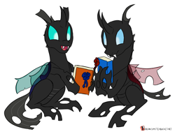 Size: 2091x1603 | Tagged: safe, artist:teabucket, oc, oc only, oc:coxa, oc:mimesis, changeling, book, changeling oc, duo, fangs, open mouth, smiling