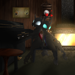 Size: 3000x3000 | Tagged: safe, artist:cheshiresdesires, oc, oc only, oc:coxa, oc:mimesis, changeling, aniscoria, anisocoria, blue changeling, changeling oc, detailed background, duo, fangs, fireplace, heart, male, musical instrument, piano, red changeling, sitting, smiling, tongue out