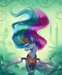 Size: 1900x2300 | Tagged: safe, artist:luciferamon, princess celestia, alicorn, pony, abstract background, canterlot, ethereal mane, eyes closed, female, mare, smiling, solo, spread wings, windswept mane