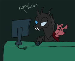 Size: 860x701 | Tagged: safe, artist:flyingsaucer, oc, oc only, oc:coxa, changeling, aniscoria, anisocoria, changeling oc, computer, computer mouse, derpibooru, desk, dialogue, fangs, male, meta, reaction image, red changeling, solo, swearing, text, vulgar
