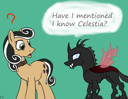 Size: 935x724 | Tagged: safe, artist:flyingsaucer, oc, oc only, oc:coxa, oc:flying saucer, changeling, earth pony, changeling oc, confused, dialogue, duo, fangs, male, question mark, red changeling, smiling, text