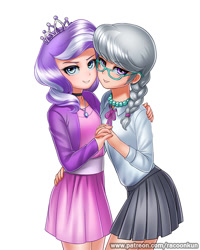 Size: 700x875 | Tagged: safe, artist:racoonsan, diamond tiara, silver spoon, human, blue eyes, braid, child, eyelashes, female, fingernails, glasses, grey hair, humanized, looking at you, necklace, pearl necklace, purple eyes, purple hair, silvertiara, simple background, skirt, white background