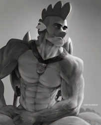 Size: 1080x1331 | Tagged: artist needed, safe, spike, dragon, the last problem, /mlp/, abs, ambassador of friendship, buff, chad, chad spike, gigachad, gigachad spike, grayscale, jewelry, lidded eyes, male, medal, meme, monochrome, muscles, necklace, older, older spike, sitting, smiling, smirk, solo, stupid sexy spike, that was fast, vein, winged spike
