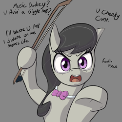 Size: 2000x2000 | Tagged: safe, artist:jellerjar, octavia melody, earth pony, pony, 4chan, accent, angry, bow, bowtie, britavia, burroctavia, cockney, colored, dialogue, drawthread, female, frown, funetik aksent, glare, gray background, hoof hold, looking at you, mare, music donkey, octavia is not amused, octchavia, open mouth, pointing, simple background, solo, threat, threatening, u avin a giggle m8, u wot m8, unamused, vulgar