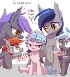 Size: 1316x1458 | Tagged: safe, artist:stoic5, derpibooru import, cozy glow, oc, oc:echo, oc:midnight blossom, bat pony, pony, /mlp/, 4chan, annoyed, bat ponified, bat pony oc, bat wings, bully, bullying, cozy glow is not amused, cozybetes, cozybuse, cute, eeee, female, filly, foal, mare, race swap, requested art, simple background, sitting, white background, wings
