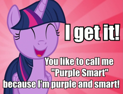 Size: 831x638 | Tagged: safe, edit, edited screencap, screencap, twilight sparkle, twilight sparkle (alicorn), alicorn, pony, all bottled up, adorkable, captain obvious, cute, dork, eyes closed, happy, image macro, meme, nickname, purple smart, smiling, solo, twiabetes
