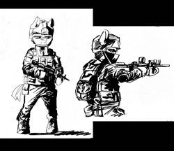 Size: 1477x1278 | Tagged: safe, artist:draw3, earth pony, semi-anthro, /mlp/, 4chan, drawthread, gun, helmet, monochrome, rifle, soldier, tactical vest, traditional art, weapon