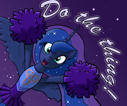 Size: 3000x2503 | Tagged: safe, artist:trash anon, princess luna, alicorn, pony, alternate costumes, bipedal, cheering, cheerleader, clothes, cute, do the thing, exclamation point, happy, hoof hold, looking at you, lunabetes, misleading thumbnail, motivational, night, open mouth, pleated skirt, pom pom, positive ponies, skirt, sky, smiling, solo, spread wings, stars, talking to viewer, text, wholesome, wide eyes, wings
