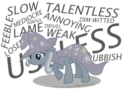 Size: 1280x952 | Tagged: safe, artist:fongsaunder, trixie, pony, unicorn, abuse, bullying, cape, clothes, cruel, discorded, disembodied thoughts, feels, female, floppy ears, frown, hat, hate, insult, looking down, mare, raised hoof, sad, signature, simple background, solo, teasing, text, this will end in school shooting, transparent background, trixie's cape, trixie's hat, trixiebuse, walking, wizard hat