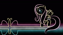 Size: 1920x1080 | Tagged: safe, artist:smockhobbes, fluttershy, butterfly, pegasus, pony, black background, cutie mark, female, glow, hooves, lineart, lines, mare, minimalist, modern art, neon, photoshop, simple background, solo, spread wings, standing, wallpaper, wings