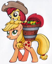 Size: 1480x1827 | Tagged: safe, artist:thedarklordkeisha, apple bloom, applejack, earth pony, pony, accessory swap, apple, apple sisters, applejack's hat, basket, blank flank, cowboy hat, duo, duo female, female, filly, foal, freckles, happy, hat, looking at each other, mare, ponies riding ponies, riding, simple background, sisters, stetson, traditional art, white background
