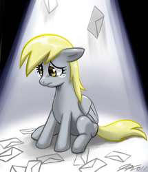 Size: 660x766 | Tagged: safe, artist:johnjoseco, derpy hooves, pegasus, pony, ;-;, crying, cute, daaaaaaaaaaaw, derpabetes, envelope, female, floppy ears, letter, looking down, mail, mare, photoshop, sad, sadorable, save derpy, sitting, solo, spotlight, teary eyes