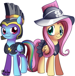 Size: 870x879 | Tagged: dead source, safe, artist:solar-slash, commander hurricane, fluttershy, private pansy, rainbow dash, pegasus, pony, armor, clothes, costume, duo, female, helmet, mare, simple background, transparent background