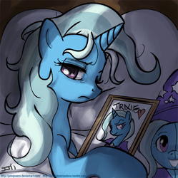Size: 720x722 | Tagged: safe, artist:johnjoseco, trixie, pony, unicorn, adobe imageready, bed, bust, female, looking at you, mare, morning ponies, narcissism, picture, pillow, plushie, portrait, solo