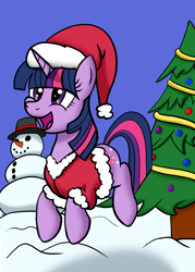 Size: 1500x2100 | Tagged: safe, artist:trash anon, twilight sparkle, pony, unicorn, christmas, christmas tree, clothes, costume, cute, cutie mark, eyelashes, female, hat, holiday, horn, mare, multicolored mane, multicolored tail, open mouth, prancing, santa costume, santa hat, smiling, snow, snowman, solo, tail, tree, twiabetes