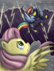Size: 2311x3027 | Tagged: safe, artist:scarabdynasty1, fluttershy, rainbow dash, pegasus, pony, clothes, costume, crying, female, flying, high res, lightning, mare, shadowbolt dash, shadowbolts, shadowbolts costume, storm, traitor
