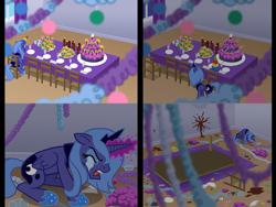 Size: 1333x1000 | Tagged: safe, artist:dalapony, princess luna, alicorn, pony, alone, angry, bad end, birthday, birthday party, cake, candy cane, comic, cookie, crying, cute, eyes closed, feels, female, forgotten birthday, frown, happy birthday luna, happy birthday to me, hat, lonely, mare, open mouth, parody, party, party hat, s1 luna, sad, sandwich, sitting, soda, solo, star of the giants, table flip