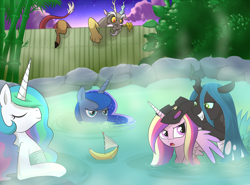 Size: 1500x1108 | Tagged: safe, artist:madmax, discord, princess cadance, princess celestia, princess luna, queen chrysalis, alicorn, changeling, changeling queen, draconequus, pony, alicorn triarchy, banana, banana boat, bath, climbing, female, fence, hot springs, mare, outdoors, peeping tom, spying, towel, water, wet mane
