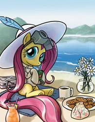 Size: 656x843 | Tagged: safe, artist:giantmosquito, fluttershy, pegasus, pony, beach, cookie, crossover, dr adorable, female, flower, goggles, hat, juice box, mare, sitting, solo, water