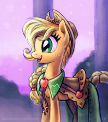 Size: 1000x1125 | Tagged: safe, artist:kp-shadowsquirrel, applejack, earth pony, pony, clothes, dress, female, gala dress, happy, looking to side, looking to the left, mare, open mouth, open smile, smiling, solo