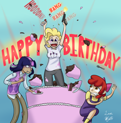 Size: 1280x1294 | Tagged: safe, artist:7nights, apple bloom, surprise, twilight sparkle, human, g1, airhorn, cake, female, food, gun, happy birthday, humanized, pistol, pop out cake, surprise cake, surprised, weapon