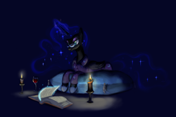 Size: 1458x971 | Tagged: safe, artist:lunarapologist, nightmare moon, alicorn, pony, book, candle, clothes, female, glasses, index get, mare, nicemare moon, pajamas, pillow, prone, solo, wine
