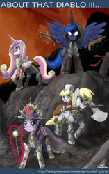 Size: 700x1117 | Tagged: safe, artist:johnjoseco, derpy hooves, princess cadance, princess luna, twilight sparkle, alicorn, pegasus, pony, unicorn, armor, axe, crossbow, diablo 3, female, filly, mare, mouth hold, ponies riding ponies, wand, weapon