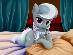 Size: 1600x1200 | Tagged: safe, artist:rainbow, silver spoon, earth pony, pony, bed, braid, curtains, cute, ear fluff, female, filly, fluffy, glasses, glasses in mouth, jewelry, leg fluff, looking at you, mouth hold, necklace, pearl necklace, pigtails, pillows, prone, solo, twintails