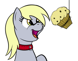 Size: 876x685 | Tagged: safe, artist:trash anon, derpy hooves, collar, eyes on the prize, food, golden eyes, happy, muffin, open mouth, simple background, smiling, solo, white background