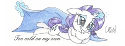 Size: 850x315 | Tagged: safe, artist:ethereal-desired, rarity, pony, unicorn, blanket, glowing horn, grin, hug, magic, pillow, pillow hug, smiling, solo, telekinesis, traditional art