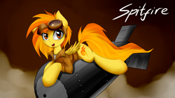 Size: 2560x1440 | Tagged: safe, artist:grumblepluck, spitfire, pegasus, pony, alternate hairstyle, atomic bomb, bomb, clothes, female, goggles, jacket, mare, pinup, riding, riding a bomb, solo, wallpaper