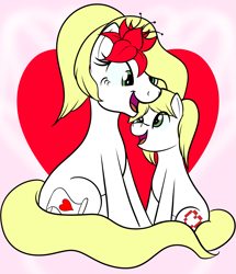 Size: 1287x1500 | Tagged: safe, artist:trash anon, oc, oc only, oc:epithumia, oc:philia, earth pony, pony, blonde, blonde mane, blonde tail, duo, female, filly, flower, flower in hair, green eyes, heart, mare, open mouth, open smile, ponytail, siblings, sisters, sitting, smiling