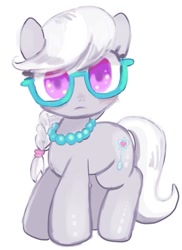 Size: 437x600 | Tagged: safe, artist:susu, silver spoon, earth pony, pony, cute, female, filly, glasses, jewelry, looking at you, pearl necklace, simple background, solo