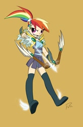 Size: 1183x1800 | Tagged: safe, artist:didj, rainbow dash, archer, archer dash, archery, arrow, bow (weapon), bow and arrow, fantasy class, humanized, my little mages, skinny, weapon, winged shoes