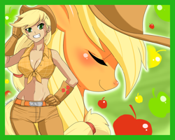 Size: 1800x1440 | Tagged: safe, artist:ninja-8004, applejack, earth pony, pony, applerack, belly button, breasts, curvy, female, front knot midriff, humanized, midriff, tailed humanization, wide hips