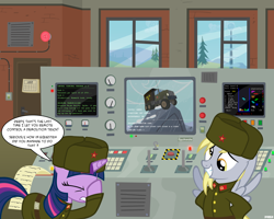 Size: 2560x2048 | Tagged: safe, artist:a4r91n, derpy hooves, twilight sparkle, pegasus, pony, clothes, comic, command and conquer, computer, female, hat, high res, konami code, mare, parody, red alert, soviet, tetris, uniform