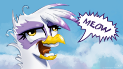 Size: 1920x1080 | Tagged: safe, artist:kp-shadowsquirrel, gilda, griffon, cat noises, catbird, cloud, derp, female, fluffy, griffons doing cat things, lidded eyes, meow, open mouth, smiling, solo, speech bubble, tongue out